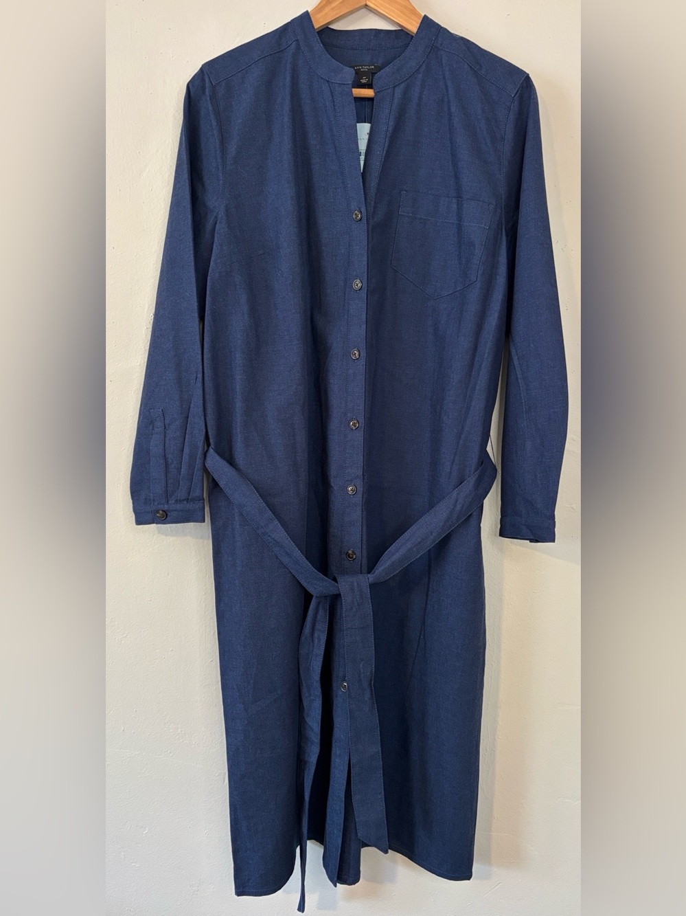 NWT Ann Taylor Navy Longline Band-Collar Button-Down Shirt Dress with Tie 16P